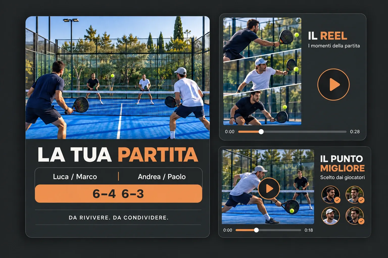 Esempi di card partita, reel e punto più votato con risultati, giocatori e nome del centro