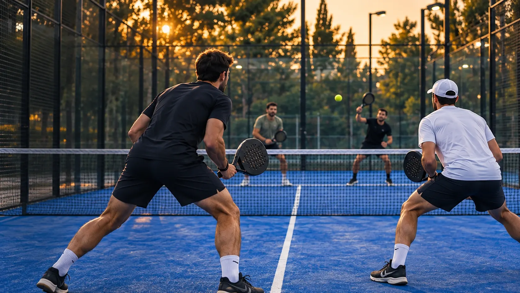 Quattro giocatori su un campo da padel illuminato al crepuscolo